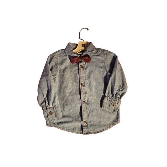 Old Navy boys chambray denim, longsleeve shirt with plaid bowtie size 2T  - Picture 2 of 4